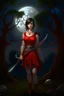 Placeholder: A young dark-haired witch in a red low-cut short skirt, standing under a tree, with a sword on her hip, glowing ball in her hand, photorealistic, delicate detail.