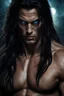 Placeholder: Portrait of a 35 year old Olive skinned muscular evil male with long dark hair, blue eyes , scowling, photorealistic, 4k, dark fantasy