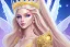 Placeholder: beautiful, very soft, smiling, very straight and long blonde hair, dewy and shiny vibe, diamond crown, long fairy wings in the back, soft and young full head, golden veil clothes, smiling, bachground lights pink and blue