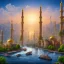 Placeholder: landscape, river, sun, skyscrapers city, mosque, far view, colorful.