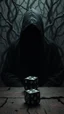 Placeholder: A hooded black shadow creature with no face in the background of black vein, human veins, mixing together a lot of them, like a forest, big an ball small veins a lot of them, a black dice sitting on an old broken table