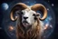 Placeholder: Ares the Ram in a cosmological background, with stars and planets, HD, centred image, in focus, no deformity