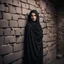 Placeholder: Hyper Realistic Young-Beautiful-Pashto-Women-With-Beautiful-Eyes in black shawl peeking from a cracked-brick-wall at night with dramatic & cinematic ambiance