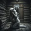 Placeholder: in the middle of a wooden hut an pale gray body hair pregnant anthropomorphic wolf woman creature kneeling, crying and covering eyes with her pawes, in background in the door stands dark gray body hair anthropomorphic wolfman and looking the female wolf. high contrast, high detalied, high realistic, sharp focus. The atmosphere is a seamless blend of sci-fi, dark fantasy