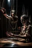 Placeholder: a digital image of a woman seated on a table, she is connected to string like a puppet, arms in air, moved by the strings, puppet like features in the face, beautiful face, looks desperate to break free, behind her is a huge image of a man holding the strings, creepy character,.zoomed in, dark and shadowy background with selective lighting on the woman