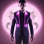 Placeholder: cute asian male, boy, man in futuristic suits, black and white highlight hair color, pink and purple background, pink lighting, deep purple backlighting