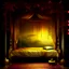 Placeholder: An ethereal asian dreamscape filled with dark golden mist, peaceful and romantic room, soft flowing fabric, oriental mood
