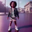 Placeholder: Zaire betz toddler, full body, leather jacket, floral shirt, floral skirt, Nike sneaker, soft skin, city background, dramatic lighting, hyper realistic