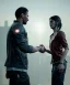 Placeholder: detroit become human, two people looking at each other, real Handshake 10 fingers , sci-fi fantasy style, volumetric lighting, particales,highly detailed,cinamatic, deep colours,8k.