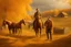 Placeholder: Fascinating, ultra-realistic nature in the photo. Golden autumn. A 32-year-old man in 19th-century Russian clothes walks towards the horses with his head raised to the sky, a smile on his face. In the background, a 19th-century estate and three horses stand at the outhouse.