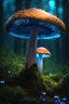 Placeholder: luminous backlit glowing forest mushroom, drops, blue neon lights inside the mushroom, faded, Cinematic lighting, Volumetric lighting, Epic composition, Photorealism, Bokeh blur, Very high detail, Sony Alpha α7, ISO1900, Character design, Unreal Engine, Octane render, HDR, Subsurface scattering