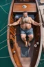 Placeholder: aerial photography of a burly chubby turkish fisherman happy sunbathing lying down on the large bow of a huge fischer wooden boat in open sea, manly armpits, manly chest, hairy chest, ugly, 56 years old, curly beard, bullneck, short bulging ripped pants, muscular, emotive eyes, photorealistic, 35mm lens, Canon EOS, 8k , view from the ground