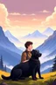 Placeholder: Escape to the mountains, buzzed brown hair guy and cute realistic black dog