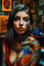 Placeholder: Beautiful Arab woman, petite, short, big eyes and lips, vibrant color, neck tattoo and full sleeves tattoo. , thin, tattoos connected, Full coverage chest tatoo, tattoo style complex and colorful and large drawings Fujifilm xt3 by (petra collins|roe ethridge, elllen von unwerth, Jan Saudek)