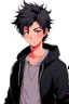 Placeholder: A boy 19 years old with black ish hair wearing black hoodie and a Feather owls,Okkutsu Yuts Hairstyle,Anime