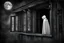 Placeholder: fantasy, black and white, surrealist, high contrast, high shadows, ambient mystery, tim burton character, a woman with cape and hood is outdoor, a woman old wood house and look through window inside house, woman with her back to the camera, close up window, light on inside house, woman in front of window, reflection moon in a glass window