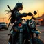 Placeholder: In a post-apocalyptic desert city at twilight, Asian cyborg female samurai warrior with hair flowing free, without a helmet, katanas strapped to her back, is riding a road warrior style chopper, photorealistic, award winning photography, cinematic lighting