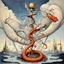 Placeholder: Snakes of Forbidden knowledge inhibit a surreal Caduceus, by Yves Tanguy, by Gerald Scarfe, asymmetric surrealism, sharp focus, geometric dreamscape, complimentary primary colors, double helix figure, snake alf