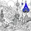 Placeholder: Outline art for coloring page with a cute mountain landscape white background, sketch style, only use outline, clean line art, white background, no shadows, clear outline reprezentand o imagine pe tema halucinatiilor provocate de droguri , cu culori primare tari, fantezie de înaltă definiție calitate clară, stiluri de Utagawa Hiroshige, Paul Klee Dee Nickerson și Tim Burton, acuarelă topită și contururi de cerneală neagră pe hârtie umedă, linii moi, umbrite