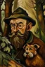 Placeholder: Portrait eines Zwerg-Rehpinschers im Wald im Stile von Franz Marc. Überwieden in Wald- und Erdtönen gehalten. Außer der Hund. Der ist schwarz.