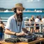 Placeholder: A short brown beard DJ with a hat on his head, sing at microphone, many electronic consoles around, seaside, FRONT VIEW