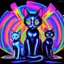 Placeholder: A cat with blue eyes is sitting on an armchair and next to her are three sweet and beautiful kittens against a black background and they are all looking at the camera, computer graphics by Louis Wayne, Behans, psychedelic art, quantum wave racing, psychedelic, mystical