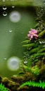 Placeholder: cinematic shot of flowers and ferns inside a test tube, waterdrops, dewdrops, moss, crystal, luxurious, bell jar