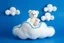 Placeholder: white plushie stuffed toy clouds with blue yarn stitching around edge, a care bear plush sitting on top of the cloud, blue background