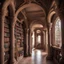 Placeholder: a beautiful corridor on one side of the shelf with books, on the other side there are beautiful pillars connecting with the ceiling with beautiful carved arches, next to the shelf with books there are stairs and a pillar supporting a small balcony protruding inwards, there is another balcony parallel to it, everything is beautifully carved in wood, you can see that it's old wood, next to the stairs there is a small stool carved to resemble a book and an antique bedside lamp