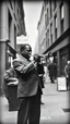 Placeholder: An old picture style of black and white mono very bad quality looks very old camera picture with cracks of the singer Louis Armstrong in New along witrump in York street year 1900