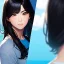 Placeholder: black haired woman, casual clotting, realistic, HD4k, watery cloud background, close up shot,