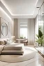 Placeholder: Ultra realistic photo of Modern take on upscale bali inspired small condo white cream stone, light woodl round interor view of bedroom