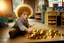 Placeholder: a curly-haired blond boy counts money and stacks gold coins in a modern nursery, in sunshine