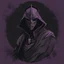 Placeholder: warlock, black mask with ash purple patterns, black robe with ash purple patterns, dark, ominous, ash purple, grey background, profile picture, simplistic design