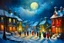 Placeholder: oil paint, people walking at night on a snowy village, Christmas decorated street, night Christmas lights, smoke from the fire places of the houses, colours, trees without leaves, moon behind the clouds, extra ordinary details