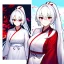 Placeholder: Clear focus, 8k, beautiful lighting, vibrant colors, girl, white hair, long hair, vibrant red eyes, ponytail, same twins, white hair, red eyes, same clothes, miko, hair in between the eyes,