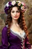 Placeholder: A woman long light-brown curly hair in 18th-century violet neoclassical-chiton Empire-silhouette-dress and Neapolitan-poke-bonnet with flowers with dreamy expression