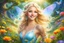 Placeholder: Enlighten amazing image Elegant Beautiful nice smiling elf faery with flowing blonde Hair, exploring the magical realm of Neverland magic bright colours. Picture her in a vibrant meadow surrounded by fantastical sweat creatures, lost in this timeless and(( dreamlike world)). Capture the essence of innocence, fear, and the endless obstacles that unfold in the encasing landscapes of Neverland stunning detail, creative, cinematic, amazing composition, fascinating, intricate details