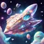 Placeholder: Generate an enchanting and futuristic image of a crystal spaceship flying in space. To add a whimsical touch, imagine an Easter bunny inside the spaceship joyfully throwing Easter eggs out of the window into space. childrens illustration.