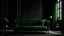 Placeholder: Black interior with green velour sofa, table, fur carpet and decor. 3d render illustration mock up.