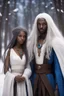 Placeholder: black-skinned young sorceress woman with blue eyes and straight long snow-white hair, holding hands with a brown hair and tanned skin man