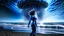 Placeholder: Wide-angle shot of a woman, standing to one side on a beach with huge waves, with dark hair in a silver robotic catsuit, many large blue jellyfish shaped like mushrooms with tentacles floating high up in the air, masterpiece, best quality, super detailed