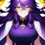 Placeholder: Clear focus, 8k, beautiful lighting, vibrant colors, girl, purple long hair, vibrant golden eyes, messy hair, hair in between the eyes, laughing, angry, up close,