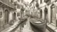 Placeholder: A detailed pencil sketch of a narrow Venetian canal with boats and buildings in the background, dappled lighting creating a dreamy atmosphere, intricate shading adding depth to the scene