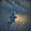 Placeholder: toddler with teddy bear in a field at night with lots of stars, looking at an apparition in the sky