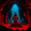 Placeholder: An painting of Hindu god YAMA in a cave, neon red colors, high detail, dark vibe