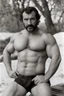 Placeholder: 1970's massive male muscular strong man , Turkish, hairy chest, age 42, muscle daddy, goatee, short hair, oiled, armpits, in a wood, viril chest, bathrobe