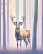 Placeholder: deer with antlers standing sideways, looking at viewer, realistic water color painted, among light colored tall simplified tree trunks, foggy, Easter Spring pastel colors, colorful, dark background