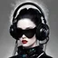 Placeholder: woman, female, pale skin, headphones, dark straight hair, massive ponytail, bang, implants, googles sunglasses opera mask, huge cervical collar shackle, leather, vinyl+fabric lacquer wear,sci-fi, mystic, decay, oil, glitch, optical illusion, fractal, intricate, coal, ink, ash, holography, gradients, noise texture, cyber, technological, bionic, hyper realistic, high quality, high resolution, 4k, raw, iso 100, photography, fashion, lifestyle, sharp,