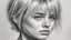 Placeholder: Black and white pencil sketch of 1990s blonde short hairstyle, tears, crying, photorealism, 3d, 64k, high resolution, hyperrealism, f/16, 1/300s.